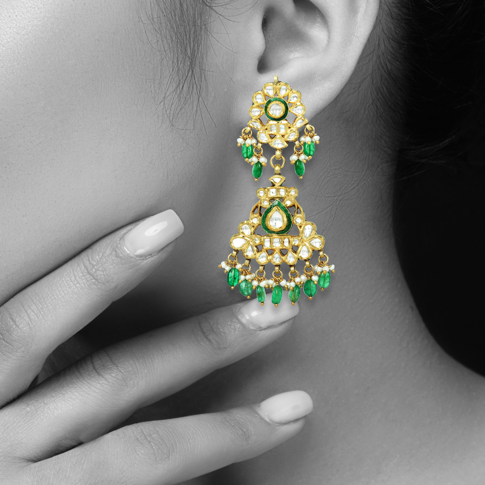 Polki Jadau Earrings with Green Meenakari and Emerald Maniya